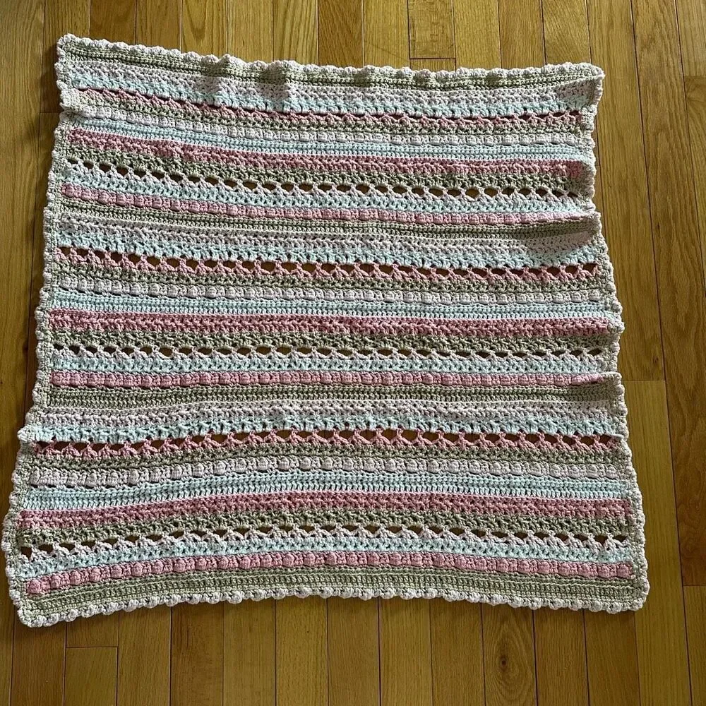 Hand Knit Baby Afghan Tan, White & Pink
